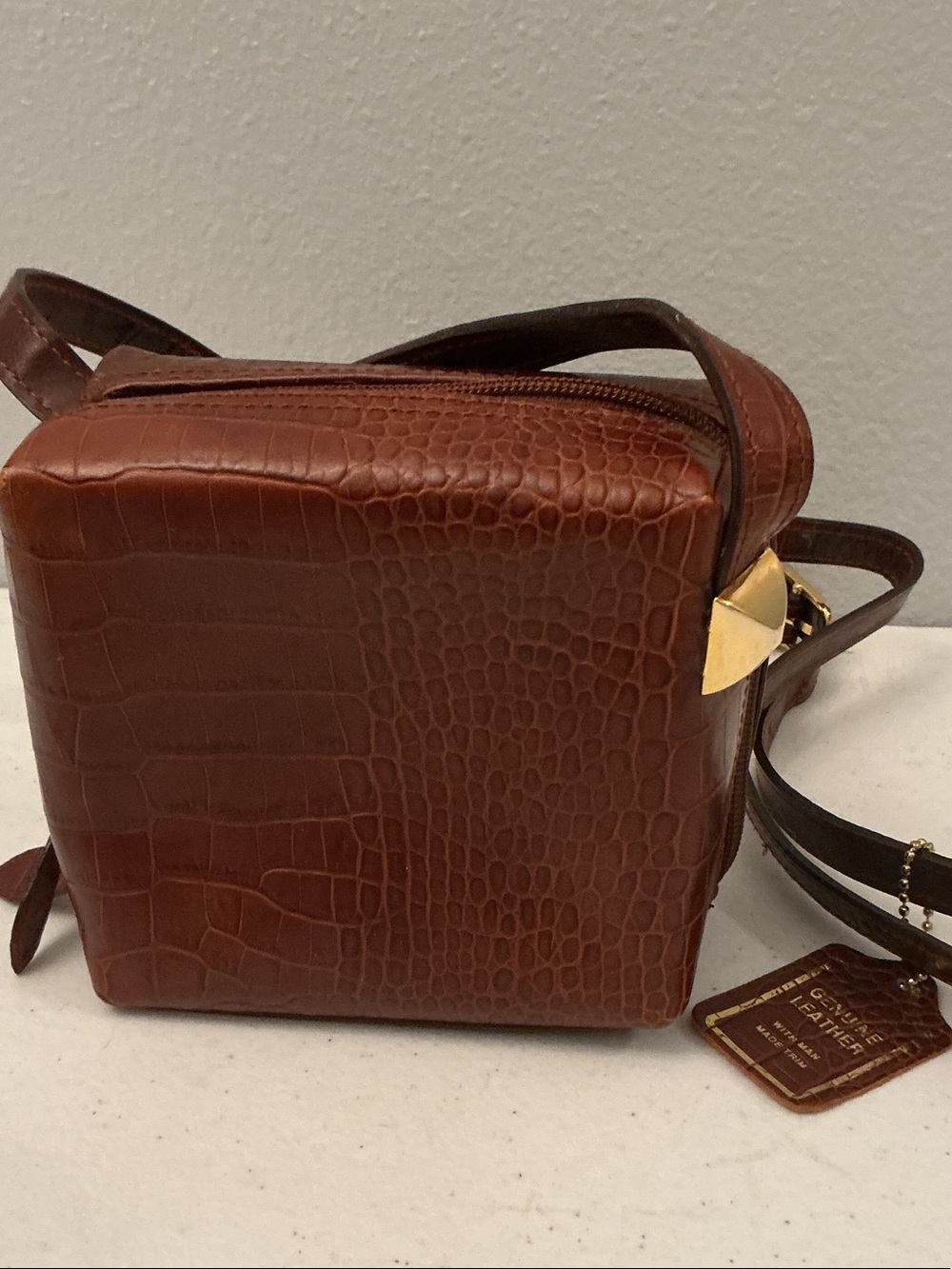 Vintage Cognac Croc-Embossed Leather Box Bag with Gold Accent